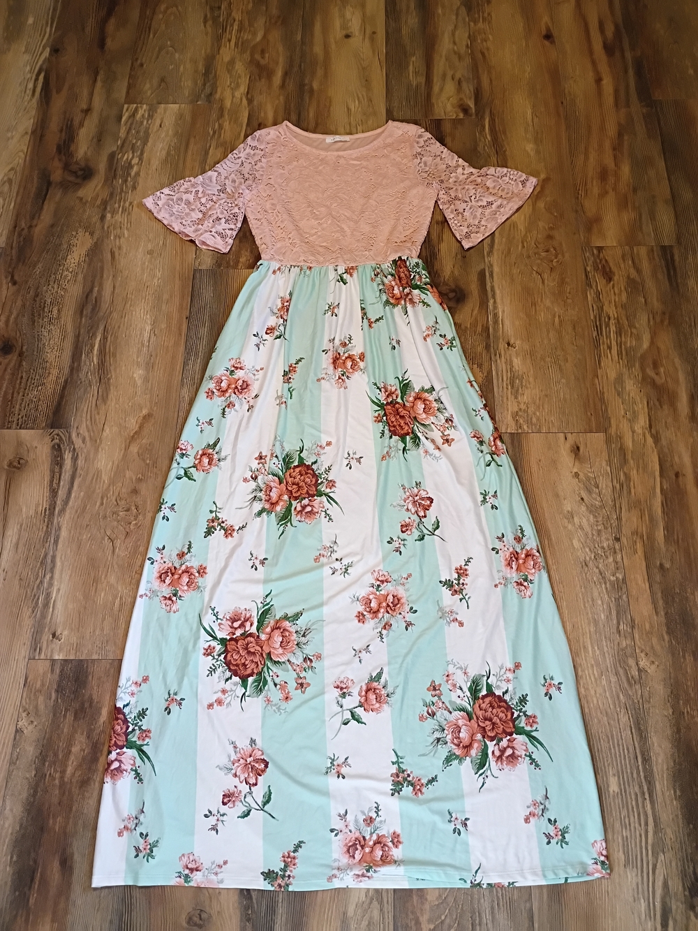 Reborn J Pink Lace Bodice Mint & White Floral Stripe Maxi Dress